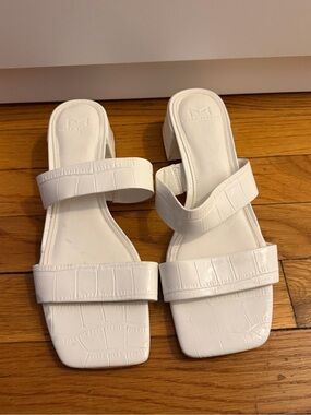 Marc Fisher White Croc-Embossed Double-Strap Block Heel Slides Sandals